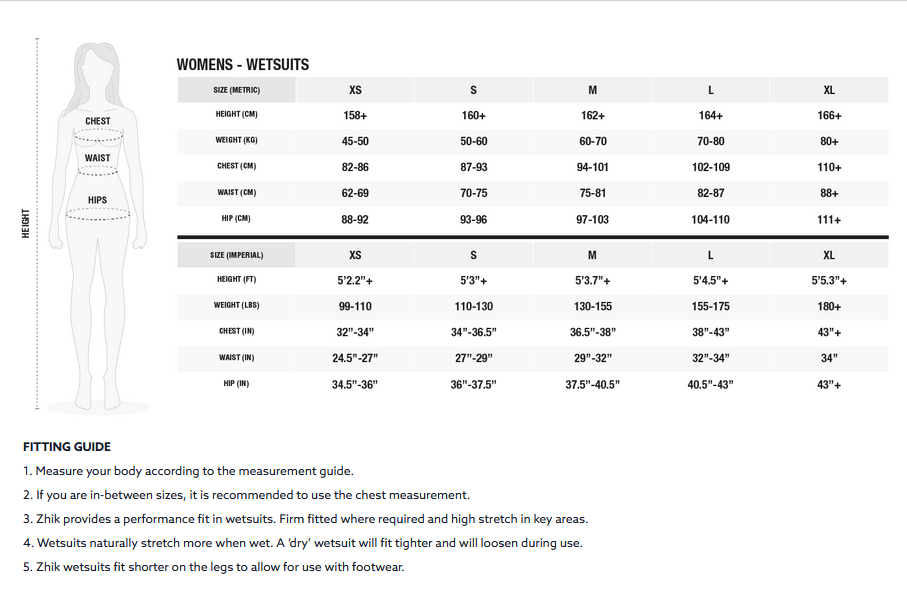 Zhik Womens Wetsuits 0 Size Chart